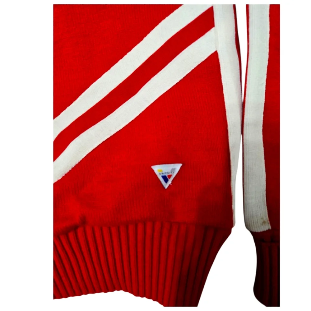 Vintage Varsity Cheerleader Sweater Red White Chevron Stripe Cougars Size S 80s